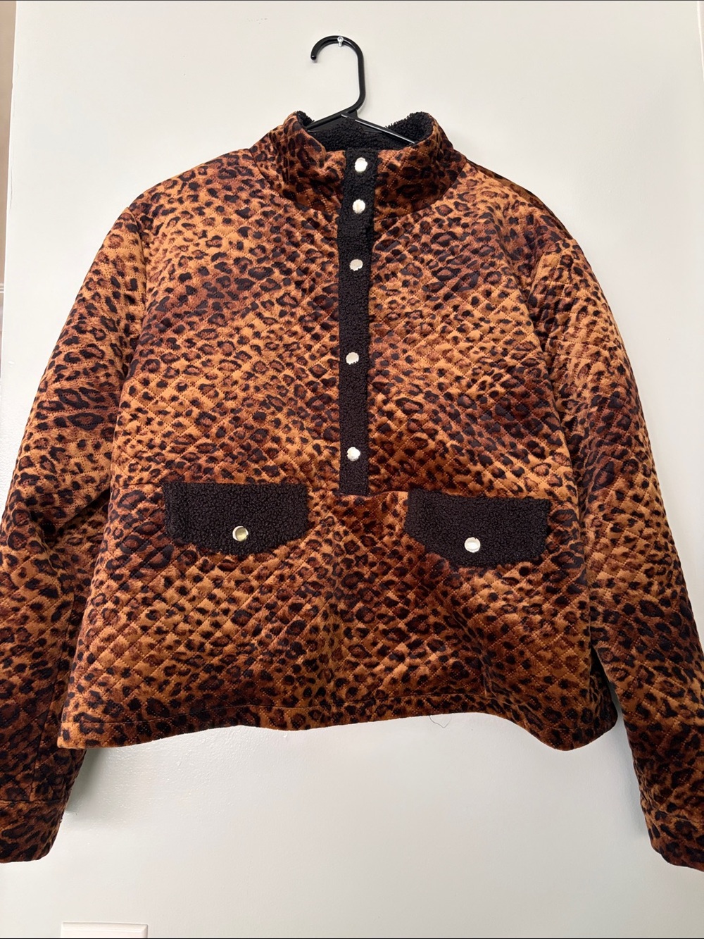 Urban Outfitters Leopard Print Fleece Pullover Jacket - Brown